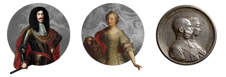 Drei runde Bilder: Links ein Porträt eines königlichen Mannes in prächtiger Kleidung, in der Mitte eine Dame in historischem Kleid, rechts eine Medaille mit den Profilen von zwei Männern.