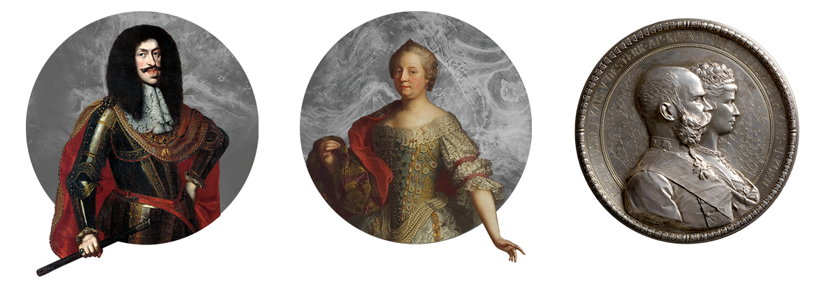 Porträts von vier Habsburger Herrschern: Maria Theresia, Leopold, Sissi und Franz Joseph